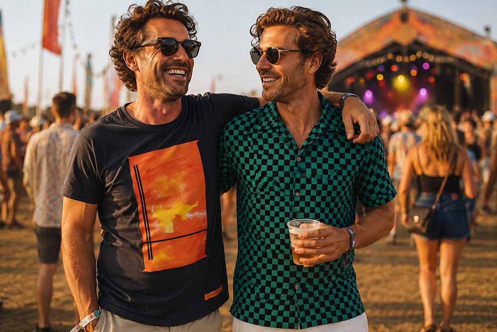 wee stijlvolle mannen in de zon; de één draagt een kleurrijk Chenaski retro overhemd, de ander een artistiek No106 design T-shirt